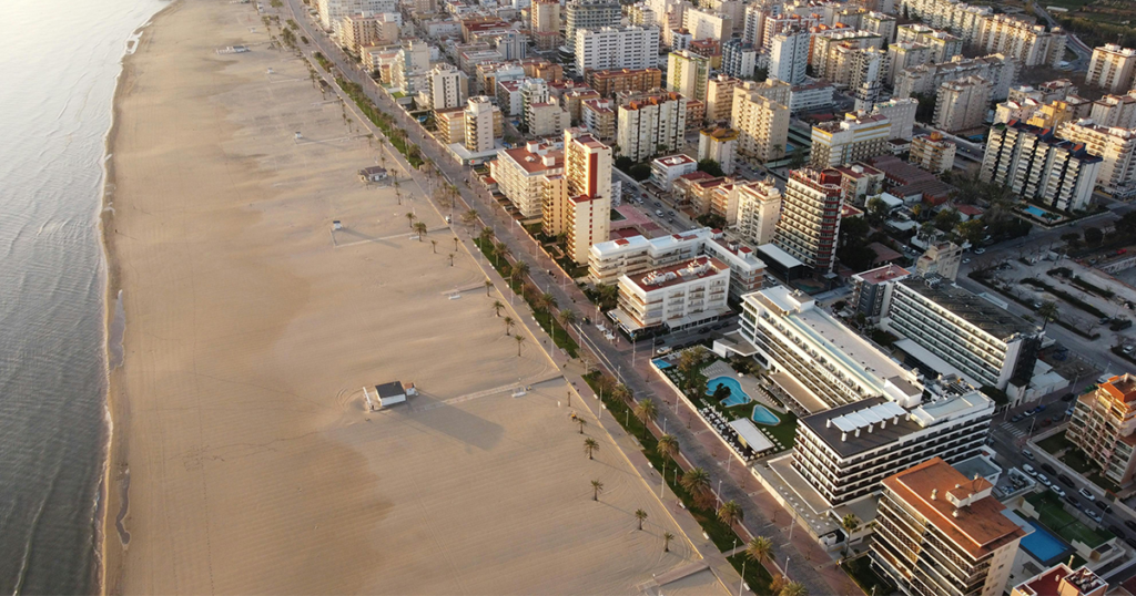 Plage de Gandia avec son sable doré, des palmiers en bordure, et une mer bleue calme sous un ciel dégagé, capturant l'ambiance méditerranéenne typique.