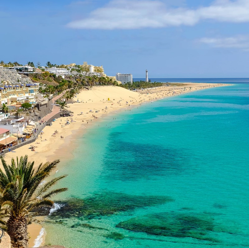 Plage de sable doré à Morro Jable, Fuerteventura, bordée par des palmiers et des eaux cristallines