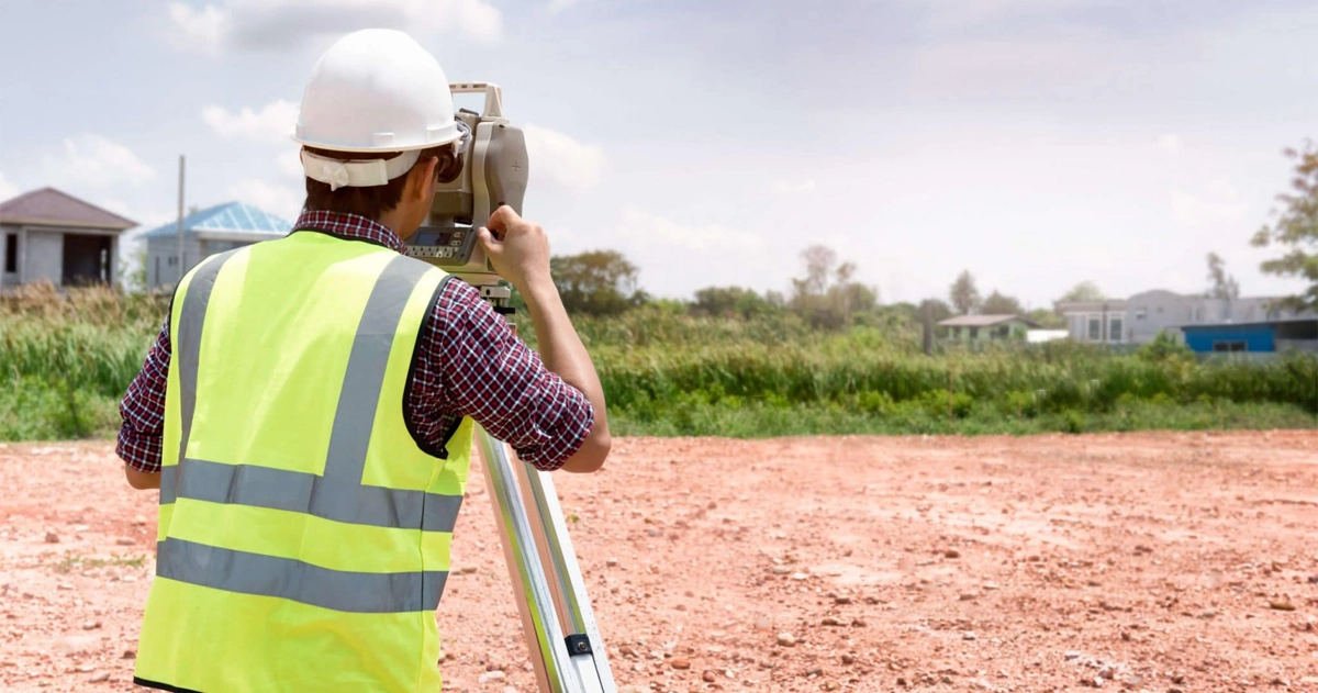 Ouvrier qui prend des mesures sur un terrain